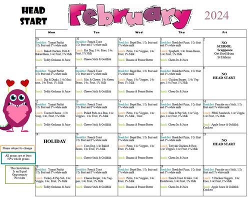 Feb 24 Head Start Menu